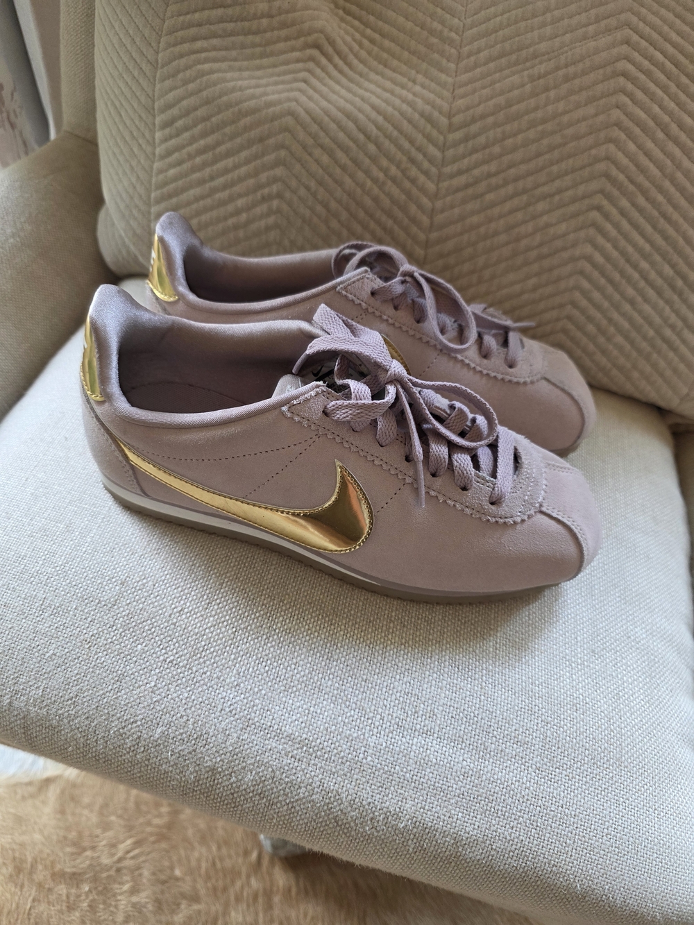Nike Cortez Women's Suede Sneakers in Mauve with Gold Swoosh 8